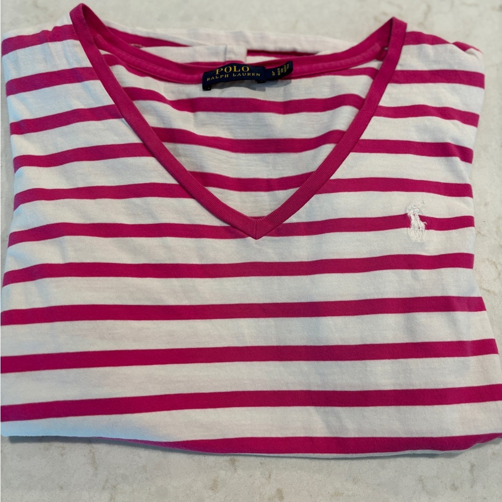 Ralph Lauren Pink & White Striped V-Neck Tee